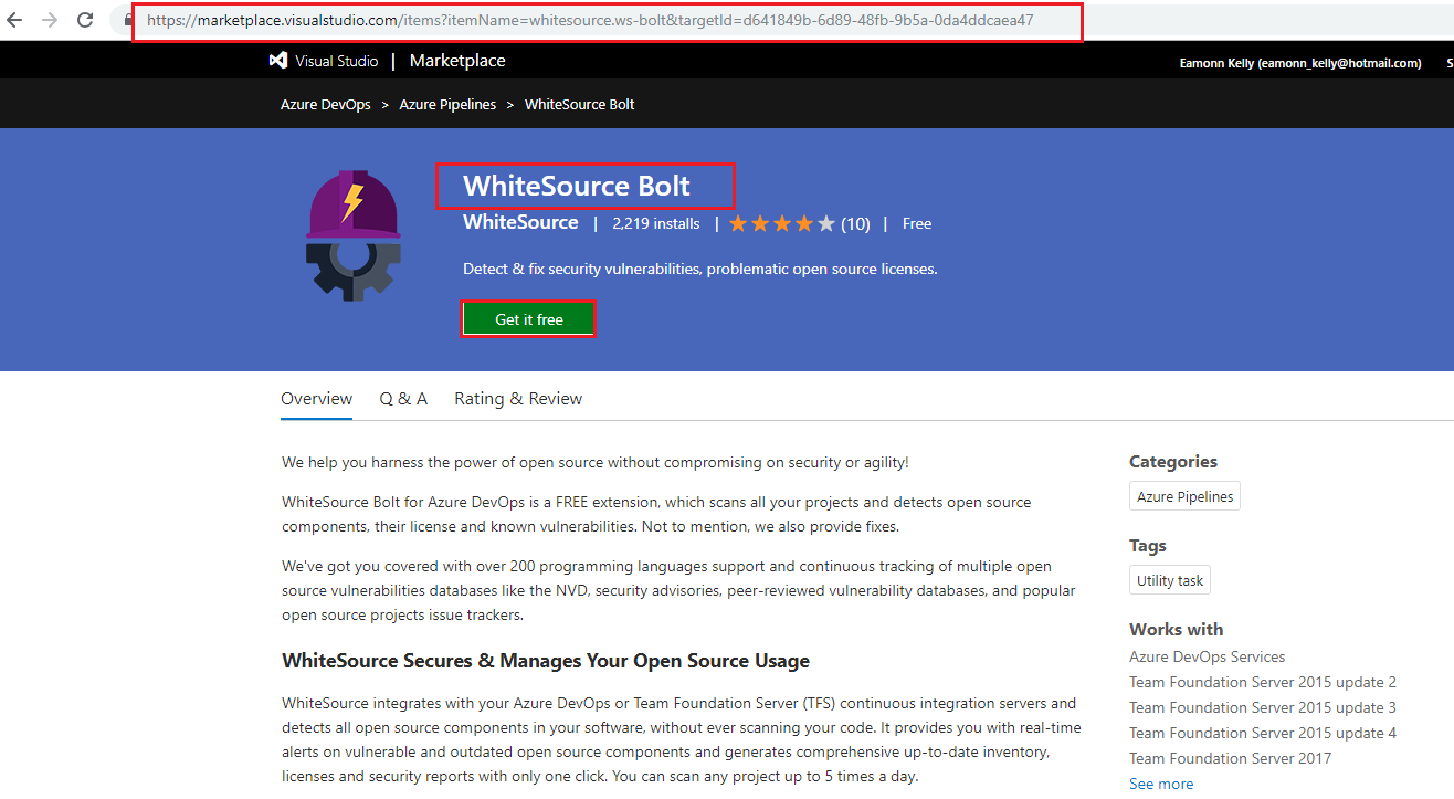 Screenshot of the Azure DevOps Marketplace with WhiteSource Bolt page listed with the Get it free button highlighted